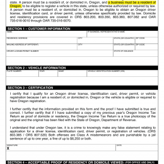 Oregon DMV Form 735-7182. Certification of Oregon Residency or Domicile