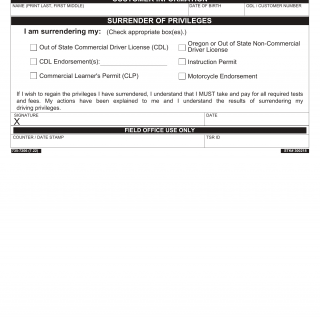 Oregon DMV Form 735-7206. Surrender of Driving Privilege(s)