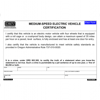 Oregon DMV Form 735-7213. Medium Speed Electric Vehicle Certification