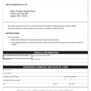 Oregon DMV Form 735-7282. Insurer's Notification to DMV - Notice of Totaled Vehicle