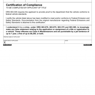 Oregon DMV Form 735-7286. Certification of Compliance with Federal Emission and Safety Standards