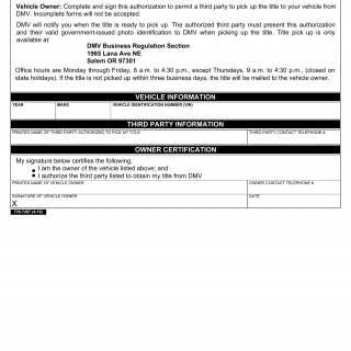 Oregon DMV Form 735-7287. Third Party Authorization To Pick Up A Dealer Expedite Title