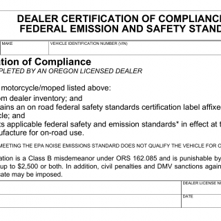 Oregon DMV Form 735-7290. Dealer Certification of Compliance with Federal Emission and Safety Standards