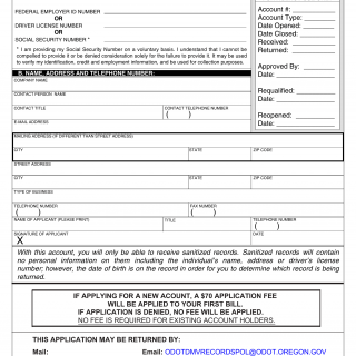 Oregon DMV Form 735-7293. Record Inquiry Account Application for Sanitized Records