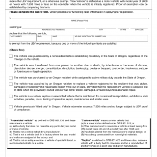 Oregon DMV Form 735-7309. Declaration of Exemption from the Oregon Low Emission Vehicle Requirement (LEV)