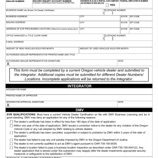 Oregon DMV Form 735-7335. Electronic Vehicle Registration (EVR) Dealer Application