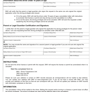 Oregon DMV Form 735-7340. Request to Cancel Driving Privileges by Parent or Legal Guardian