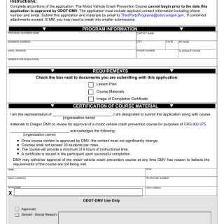 Oregon DMV Form 735-7366. Application for Oregon DMV Motor Vehicle Crash Prevention Course (For Purposes of Insurance Premium Reduction)