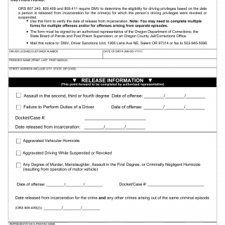 Oregon DMV Form 735-7372. Notice of Release from Incarceration (for purposes of obtaining driving privileges)