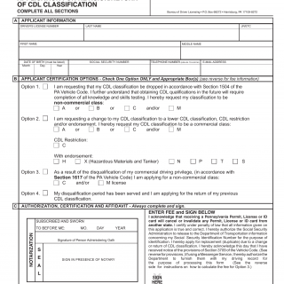 PA DOT Form DL-100CD. Application for Revision / Return of CDL Classification