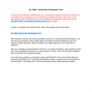 PA DOT Form DL-126A DS. School Bus Driver Orthopedic Form