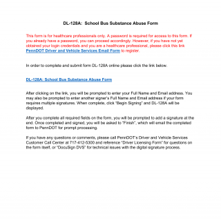 PA DOT Form DL-128A DS. School Bus Substance Use Form