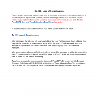 PA DOT Form DL-129 DS. Loss of Consciousness And / Or Awareness Form