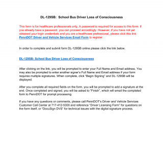 PA DOT Form DL-129SB DS. School Bus Loss of Consciousness And / Or Awareness Form