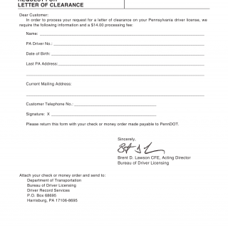 PA DOT Form DL-130. Request for Letter of Clearance of PA Driver License