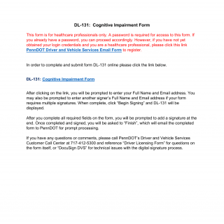 PA DOT Form DL-131 DS. Cognitive Impairment Form