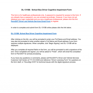 PA DOT Form DL-131SB DS. School Bus Driver Cognitive Impairment Form