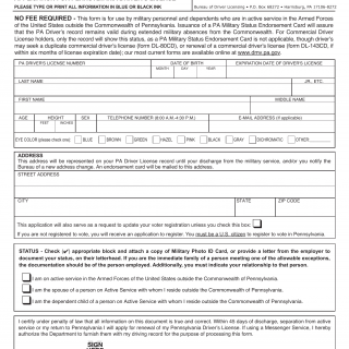 PA DOT Form DL-176. Military Status Endorsement Card