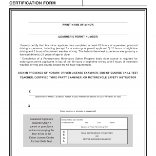 PA DOT Form DL-180C. Parent Or Guardian Certification Form