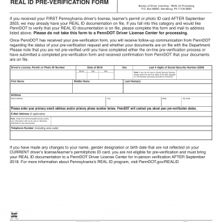 PA DOT Form DL-60RID. REAL ID Pre-Verification Form