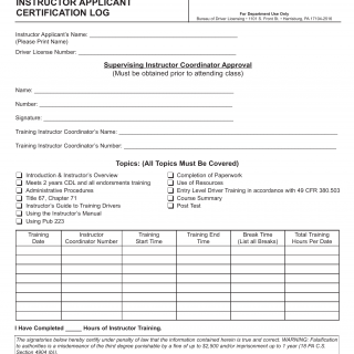 PA DOT Form DL-712. Instructor Applicant Certification Log