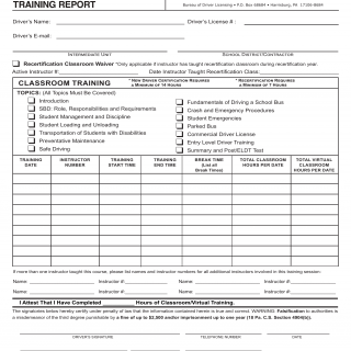 PA DOT Form DL-714. School Bus Drivers Training Report Form