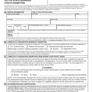PA DOT Form DL-82. Out of State Address Exemption