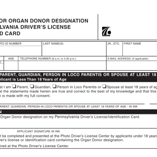 PA DOT Form DL-8611. Request for Organ Donor Designation on Pennsylvania Driver's License or Photo ID