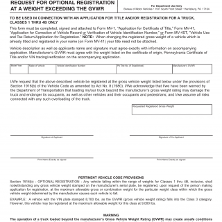 PA DMV Form MV-1005. Request for Optional Registration at a Weight Exceeding the GVWR