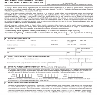 PA DMV Form MV-11M. Application for Permanent Historic Military Registration Plate