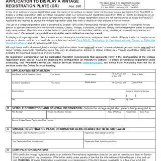 PA DMV Form MV-11V. Application to Display a Vintage Registration Plate