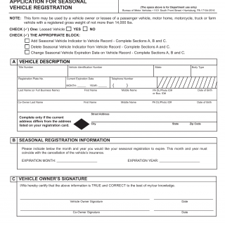 PA DMV Form MV-140SV. Application for Seasonal Vehicle Registration