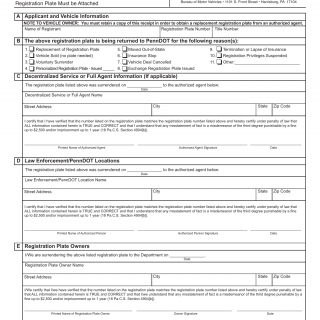 PA DMV Form MV-141. Returned Registration Plate