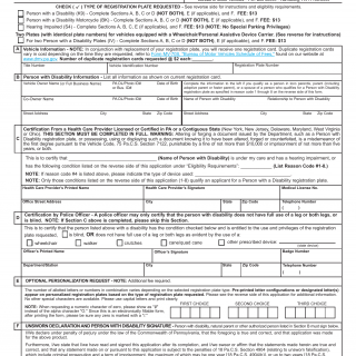 PA DMV Form MV-145. Application for Person with a Disability or Hearing Impaired Registration Plate or a Person with a Disability Motorcycle Plate