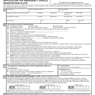 PA DMV Form MV-14EV. Application for Emergency Vehicle Registration Plate