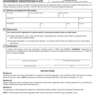 PA DMV Form MV-14MG. Application for Municipal Government Registration Plate