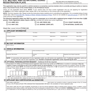 PA DMV Form MV-150AD. Application for Members of U.S. Military Registration Plate