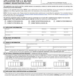 PA DMV Form MV-150C. Application for U.S. Military Combat Registration Plate