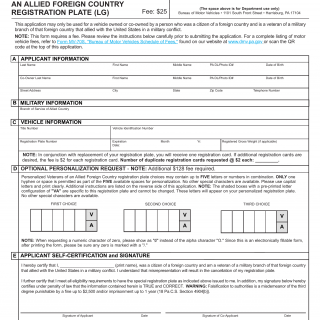 PA DMV Form MV-150FA. Application for Veterans of an Allied Foreign Country Registration Plate