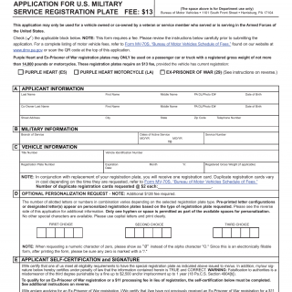 PA DMV Form MV-150P. Application for U.S. Military Service Registration Plate