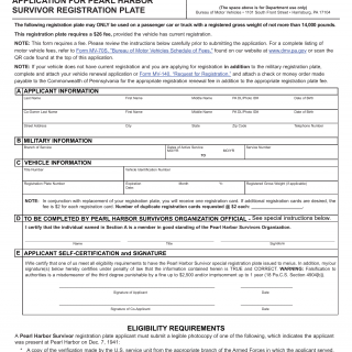 PA DMV Form MV-150PH. Application for Pearl Harbor Survivor Registration Plate