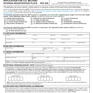 PA DMV Form MV-150V. Application for U.S. Military Veteran Registration Plate