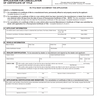 PA DMV Form MV-16. Application for Cancellation of Certificate of Title
