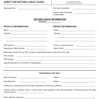 PA DMV Form MV-164. Messenger Submittal / Rejection Sheet For Return Check Cases