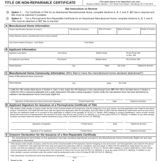 PA DMV Form MV-16A. Application for Abandoned Manufactured Home Certificate of Title or Non-Repairable Certificate