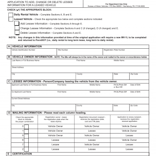 PA DMV Form MV-1L. Application for Lessee Information