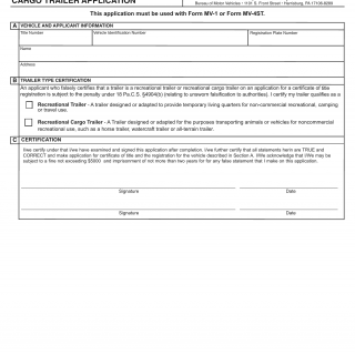 PA DMV Form MV-1R. Recreational Trailer / Recreational Cargo Trailer Application