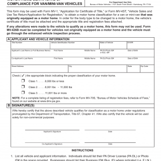 PA DMV Form MV-2. Motor Home Certificate of Compliance for Van / Mini-Van Vehicles