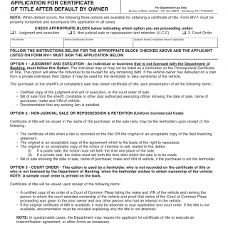 PA DMV Form MV-217. Application for Certificate of Title After Default By Owner