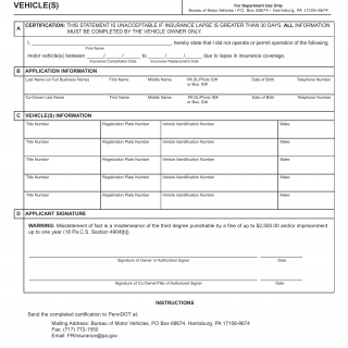 PA DMV Form MV-221. Statement of Non-Operation of Vehicles